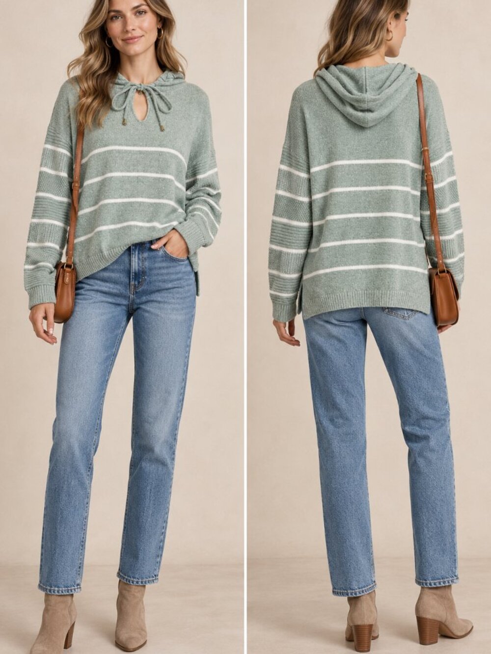 Rachel Zoe Sage Green Striped Hooded Pullover Sweater Size L